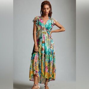 Anthropologie Blue and Yellow flutter Tiered V Neck Maxi Dress